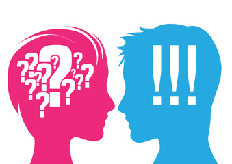Vector illustration. Man and woman with question mark and exclamation mark. Concept of doubt and certainty