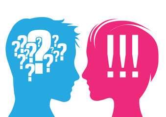 Vector illustration. Man and woman with question mark and exclamation mark. Concept of doubt and certainty