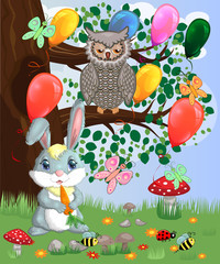 Bunny with a carrot in a forest glade. Spring, postcard