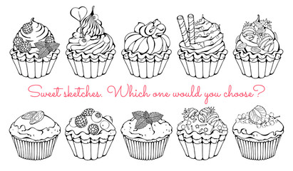 Vector illustrations on the sweets theme; set of different kinds of baskets and cupcakes with cream decorated with berries, chocolate or nuts. Pictures are depicted as black sketches on a white backgr