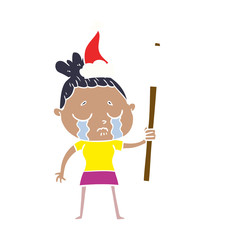 flat color illustration of a crying woman with protest sign wearing santa hat