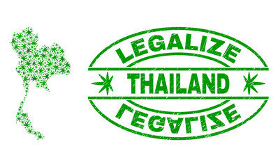 Vector cannabis Thailand map collage and grunge textured Legalize stamp seal. Concept with green weed leaves. Concept for cannabis legalize campaign.
