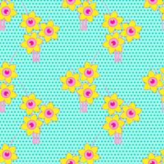 daffodil and dots floral seamless pattern in yellow blue
