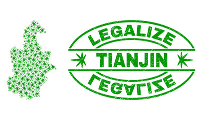 Vector cannabis Tianjin City map mosaic and grunge textured Legalize stamp seal. Concept with green weed leaves. Concept for cannabis legalize campaign.