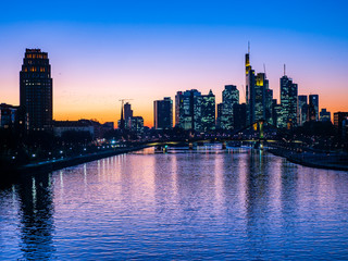 Fototapeta na wymiar Skyline at sunset, Deutschherrenbrücke, Frankfurt, Hesse, Germany