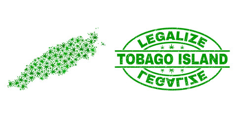 Vector cannabis Tobago Island map mosaic and grunge textured Legalize stamp seal. Concept with green weed leaves. Concept for cannabis legalize campaign.