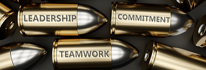 Business leadership, commitment, teamwork, the importance of a leadership symbolized as bullets with words to picture unique role of commitment and teamwork in a corporation, 3d illustration