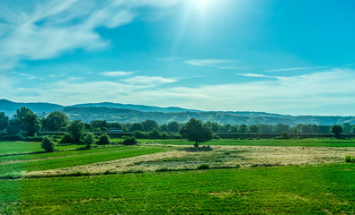 Italy, Rome to Florence train, a large green field with trees in the background