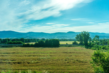 Obraz premium Italy, Rome to Florence train, a large green field with trees in the background