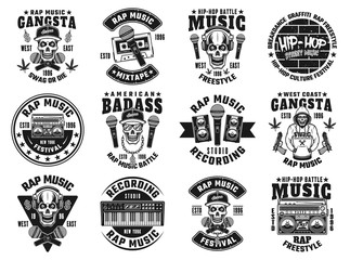 Rap and hip-hop set of twelve vector black emblems