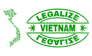 Vector marijuana Vietnam map collage and grunge textured Legalize stamp seal. Concept with green weed leaves. Concept for cannabis legalize campaign.