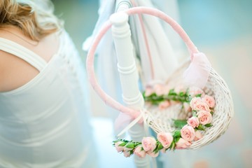 Wicker basket in pastel colors - Perfect wedding decoration.