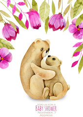 Watercolor mother bear and her baby, pink flowers floral border, hand drawn on a white background, baby shower card design