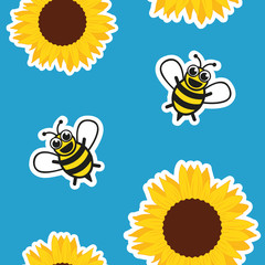 seamless pattern honey bee and sunflower on blue background vector illustration EPS10