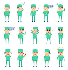 Set of doctor characters showing various emotions. Cheerful doctor laughing, sleeping, tired, surprised, in love and showing other emotions. Flat design vector illustration