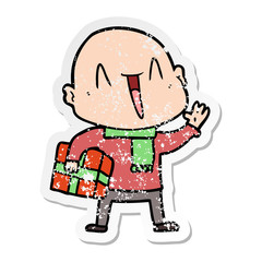 distressed sticker of a happy cartoon bald man