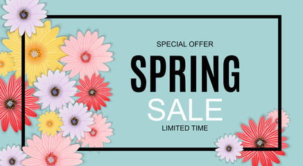 Spring Sale Cute Background with Colorful Flower Elements. Vector Illustration
