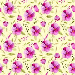 Watercolor spring pink flowers and green leaves seamless pattern, hand painted on a yellow background
