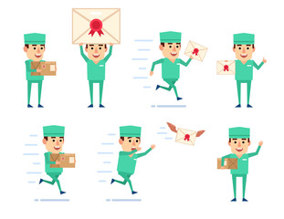 Set of doctor characters posing with letter in various situations. Cheerful doctor holding letter, parcel box, running and showing other actions. Flat design vector illustration
