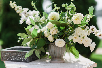 Wedding decor. fresh flowers in a vintage vase, flowers bouquet