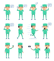 Set of doctor characters with phone showing various actions. Cheerful doctor talking on phone, surprised, angry and showing other actions. Flat design vector illustration