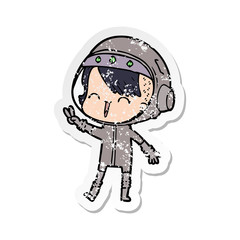 distressed sticker of a happy cartoon space girl giving peace sign
