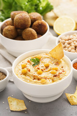Traditional homemade hummus and falafel served with pita, chips.
