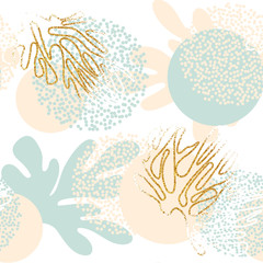 Cute pastel pattern on the marine theme with circles, dots and hand drawn gold glitter elements on white background.Trendy hand drawn texture for paper, wallpaper, cover, fabric, Interior decor 