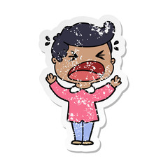 distressed sticker of a cartoon shouting man