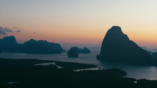 Samet Nangshe famous tourism landmark viewpoint in Phang nga bay national park, Thailand at sunrise.