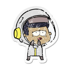 distressed sticker of a cartoon tired astronaut