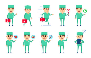 Set of doctor characters showing diverse actions. Cheerful doctor holding medical bag, running, walking and showing other actions. Flat design vector illustration