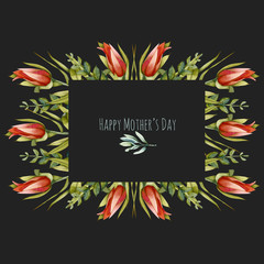 Floral frame with watercolor red protea flower and green branches, hand painted on a dark background, Mother's day design