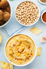 Hummus dip with chips, pita and falafel. Healthy food.