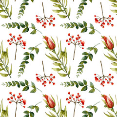 Watercolor flourishing protea, green branches and red berries seamless pattern, hand painted on a white background