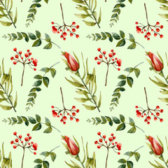 Watercolor flourishing protea, green branches and red berries seamless pattern, hand painted on a green background