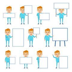 Set of doctor characters posing with various blank signboards. Cheerful doctor holding banner, paper, placard, pointing to whiteboard. Flat design vector illustration