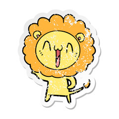 distressed sticker of a happy cartoon lion