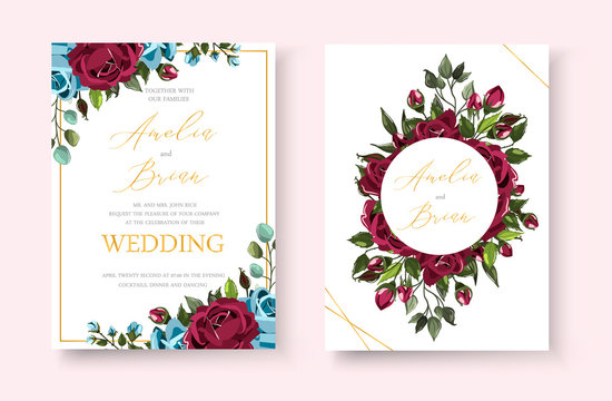Wedding Floral Golden Invitation Card Save The Date Design With Bordo Navy Blue Flowers