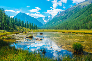 Beautiful glacier reflected in mountain pure water with plants on bottom. Wonderful lake with snowy rocks reflection. White clouds on snowy mountains under blue sky. Amazing summer highland landscape.