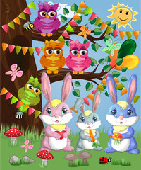 A family of three bunnies in a forest glade. Mom, dad, baby. Spring, postcard