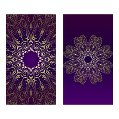 Vintage Cards With Floral Mandala Pattern. Vector Template. The Front And Rear Side. Luxury template. Purple gold color