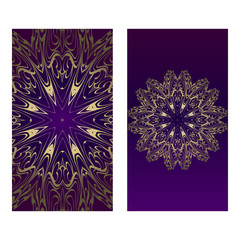 Vintage Cards With Floral Mandala Pattern. Vector Template. The Front And Rear Side. Luxury template. Purple gold color