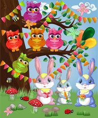 A family of three bunnies in a forest glade. Mom, dad, baby. Spring, postcard