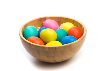 easter eggs in wooden bowl