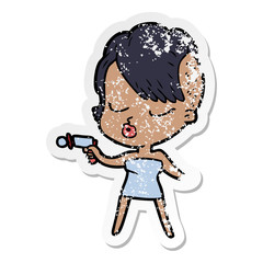 distressed sticker of a cartoon pretty hipster girl