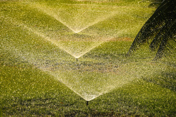 Irrigation watering system with sprinkler heads watering green grass on a sunny day 