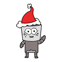 happy line drawing of a robot waving hello wearing santa hat