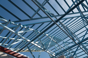 Structure of steel roof frame for building construction.