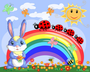 Fototapeta na wymiar Bunny with a bouquet in a meadow near the rainbow. Spring, love